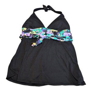 Anne  Cole Swimsuit Dress Black/Floral V Neck with Tie Back and Tie Waist Belt